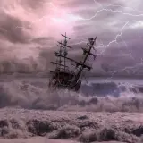 Un voilier lutte contre une tempête violente, des éclairs illuminent le ciel et un feu de Saint-Elme semble danser sur les mâts.