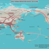 Carte des migrations humaines anciennes, montrant la dispersion du Homo sapiens à travers les continents, de l'Afrique vers l'Asie, l'Europe, l'Océanie et les Amériques.