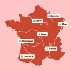 Carte de France mettant en évidence les 7 fleuves : Rhône, Rhin, Loire, Dordogne, Garonne, Seine et Meuse.