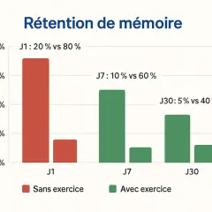 Graphique montrant l'impact des exercices sur la rétention de mémoire. Comment travailler sa mémoire : les exercices améliorent significativement la mémorisation à long terme.