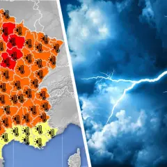 Carte de France avec des thermomètres indiquant des températures élevées, et un ciel orageux avec un éclair. Prévision des orages violents.