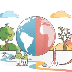 Scène divisée : d'un côté, éolienne, panneaux solaires, nature verdoyante. De l'autre, usine polluante, arbre mort. La Terre montre le réchauffement climatique 2050.