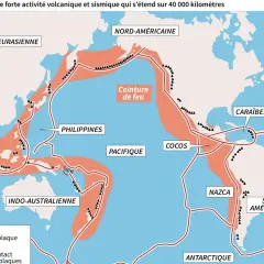 Carte montrant la ceinture de feu, une zone d'intense activité volcanique et sismique autour du Pacifique.