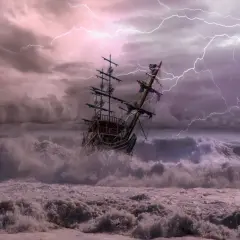 Un voilier lutte contre une tempête violente, des éclairs illuminent le ciel et un feu de Saint-Elme semble danser sur les mâts.