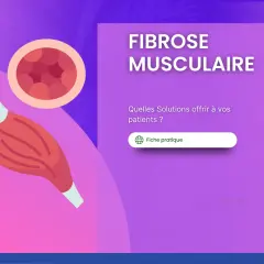 Illustration d'un muscle et d'une coupe transversale, avec le texte "FIBROSE MUSCULAIRE". Apprenez-en plus sur les symptômes et les solutions.