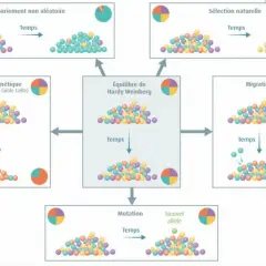Schéma illustrant les facteurs qui influencent l'équilibre de Hardy Weinberg : appariement non aléatoire, sélection naturelle, dérive génétique, migration et mutation.