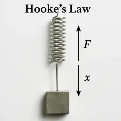 Un ressort suspendu à un poids illustre la loi de Hooke. La force F et le déplacement x sont indiqués par des flèches.