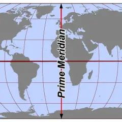 Carte du monde montrant l'équateur et le méridien de Greenwich, lignes de référence pour la navigation et la géographie.