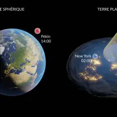 Comparaison entre la Terre sphérique et la Terre plate. Sur la sphérique, New York est à 02h00 et Pékin à 14h00. Sur la plate, le soleil éclaire différemment.