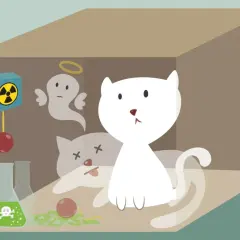Le chat de Schrödinger est à la fois vivant et mort, représenté par un chat blanc et un fantôme de chat dans une boîte avec un dispositif radioactif.