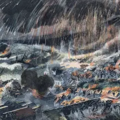 Éruption de la montagne pelée en 1902. La ville est en feu, des bateaux sombrent. Un survivant témoigne de l'horreur.