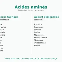 Tableau comparant la composition des acides aminés essentiels et non essentiels, distinguant ceux fabriqués par le corps de ceux apportés par l'alimentation.