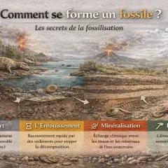 Les 4 types de fossiles : mort, enfouissement, minéralisation et découverte. Illustration d'un paysage préhistorique avec mammouths et volcans.