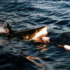 Un grand requin blanc émerge des vagues, gueule ouverte, prêt à mordre. On se demande que mange le requin blanc.