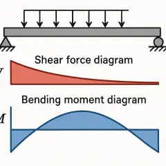 Diagrammes de force tranchante et de moment fléchissant pour une poutre sous charge uniformément répartie. Le moment d'une force formule est illustré.