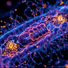 Cellules bleues et oranges lumineuses, évoquant la recherche sur la maladie mitochondriale et l'espérance de vie.