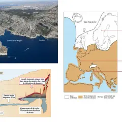 Vue aérienne des Calanques de Marseille, avec la grotte Cosquer. Carte montrant l'Europe il y a 65 millions d'années, avec les glaciers.