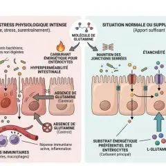 Schéma comparant l'intestin en carence de glutamine (hyperperméabilité, inflammation) et en situation normale où la glutamine maintient l'intégrité et le soutien immunitaire.