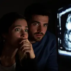Un couple découvre avec stupeur sur une échographie jumeaux caché. Leurs yeux écarquillés reflètent l'incrédulité face à cette nouvelle inattendue.