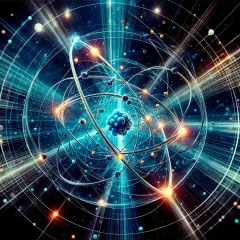 Représentation abstraite de l'état fondamentale d'un atome, avec un noyau central bleu entouré d'électrons orbitant sur des trajectoires lumineuses.