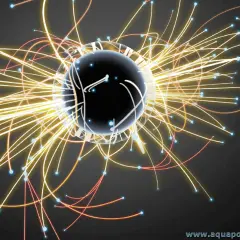 Une sphère noire au centre, entourée de traînées lumineuses jaunes et rouges. C'est quoi un photon ? Une particule de lumière.