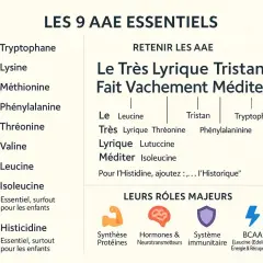 Liste des 9 acides aminés essentiels (AAE) avec une phrase mnémotechnique pour les retenir et leurs rôles majeurs.