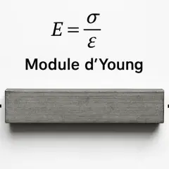 Le module d'Young illustré par une barre métallique soumise à des forces opposées. La formule E = σ/ε est affichée.