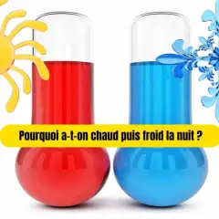 Deux thermomètres, l'un rouge avec un soleil, l'autre bleu avec un flocon, illustrent la sensation chaud froid. La question "Pourquoi a-t-on chaud puis froid la nuit ?" est affichée.
