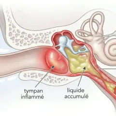 Coupe de l'oreille montrant un tympan enflammé, du liquide accumulé et une trompe d'Eustache obstruée, symptômes d'une otite virale ou bactérienne.
