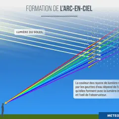 Illustration de la formation d'un arc-en-ciel, montrant la lumière du soleil se séparant en un spectre de couleurs arc en ciel ordre à travers des gouttes d'eau.