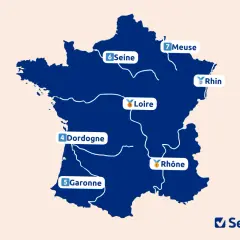 Carte des fleuves de France, montrant la Seine, la Loire, la Garonne, la Dordogne, le Rhône, le Rhin et la Meuse.