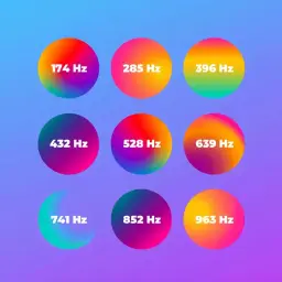 Cercles colorés représentant des fréquences, dont 432 Hz, sur un fond dégradé bleu-violet.