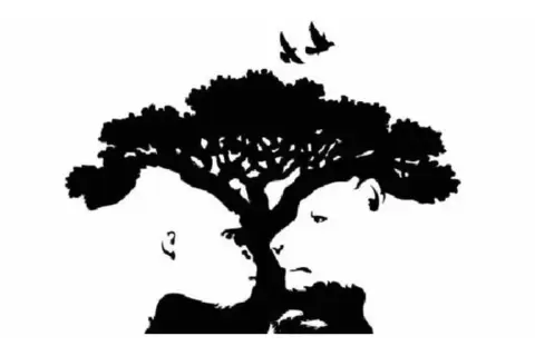 Arbre stylisé formant une illusion d'optique image cachée : deux visages se font face, un homme et une lionne, sous deux oiseaux en vol.