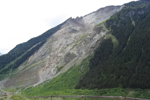 Vaste glissement de terrain suisse, une montagne dénudée de roche et de terre, contrastant avec une forêt dense.