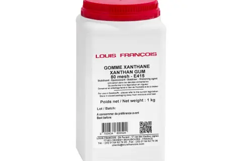 Bocal de gomme xanthane Louis François. Bien que la gomme xanthane ne présente pas de danger particulier, il est conseillé de la conserver à l'abri de l'humidité.