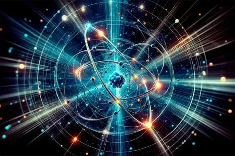 Représentation abstraite de l'état fondamentale d'un atome, avec un noyau central bleu entouré d'électrons orbitant sur des trajectoires lumineuses.