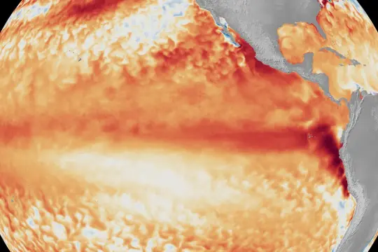 Carte des températures de l'océan Pacifique montrant un réchauffement intense, typique d'un épisode El Niño.