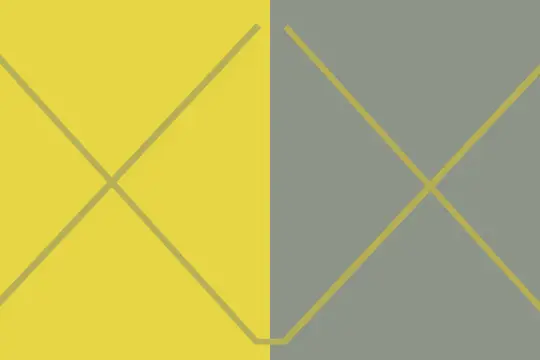 Deux moitiés, jaune et grise, se rejoignent. Des lignes grises forment un X, créant une illusion d'optique couleur intrigante.