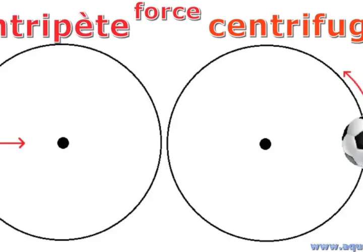 Deux ballons de foot illustrent la force centripète (vers le centre) et la force centrifuge (vers l'extérieur) dans un mouvement circulaire.