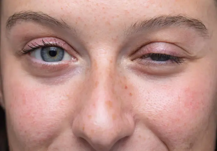 Gros plan sur le visage d'une femme, montrant un œil ouvert et un œil mi-clos, possiblement lié à la myasthénie. L'espérance de vie avec cette condition varie.