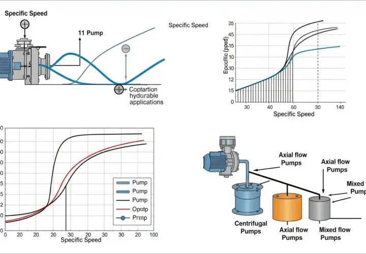 Schémas illustrant la vitesse spécifique des pompes, avec des graphiques montrant la relation entre la vitesse spécifique et l'efficacité, et une illustration des pompes centrifuges, axiales et mixtes. La force centrifuge est une formule clé.