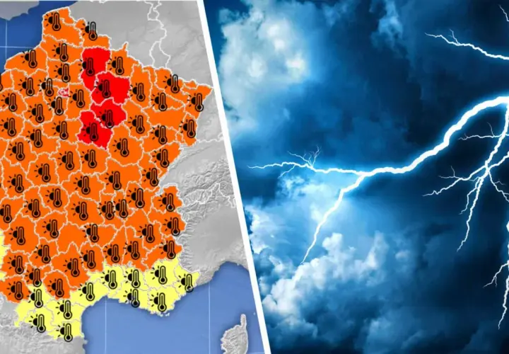 Carte de France avec des thermomètres indiquant des températures élevées, et un ciel orageux avec un éclair. Prévision des orages violents.