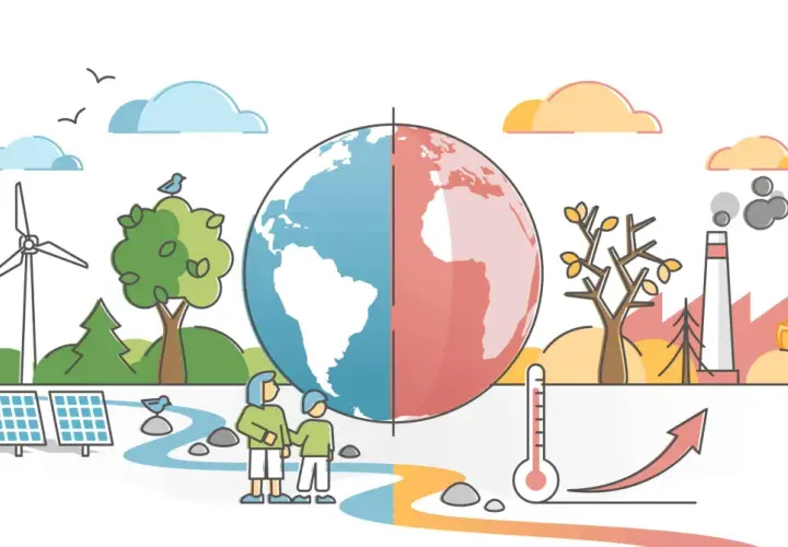 Scène divisée : d'un côté, éolienne, panneaux solaires, nature verdoyante. De l'autre, usine polluante, arbre mort. La Terre montre le réchauffement climatique 2050.