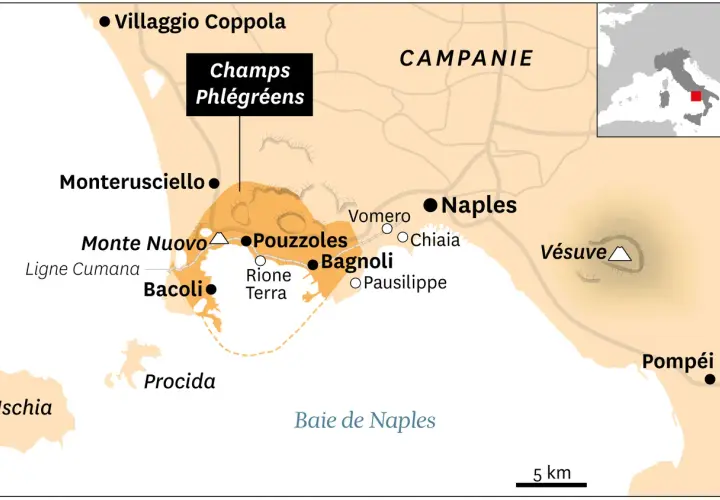 Carte de la Campanie montrant Naples, le Vésuve et les Champs Phlégréens, zone volcanique active. Le danger des Champs Phlégréens est souligné.