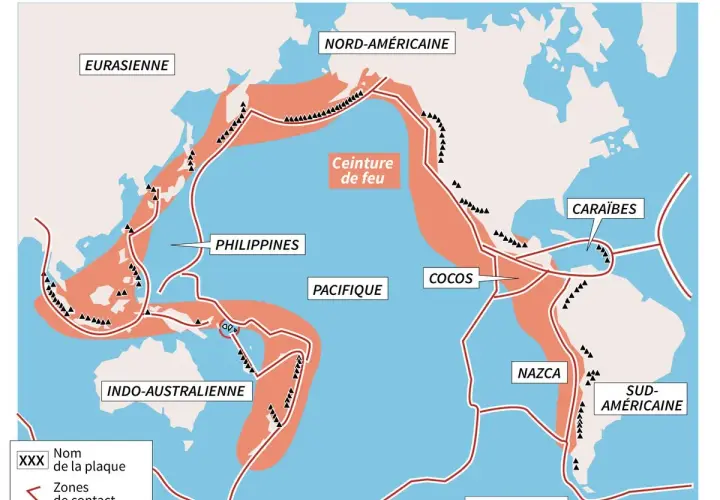 Carte montrant la ceinture de feu, une zone d'intense activité volcanique et sismique autour du Pacifique.