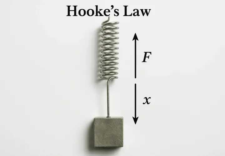 Un ressort suspendu à un poids illustre la loi de Hooke. La force F et le déplacement x sont indiqués par des flèches.