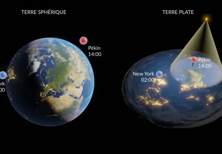 Comparaison entre la Terre sphérique et la Terre plate. Sur la sphérique, New York est à 02h00 et Pékin à 14h00. Sur la plate, le soleil éclaire différemment.