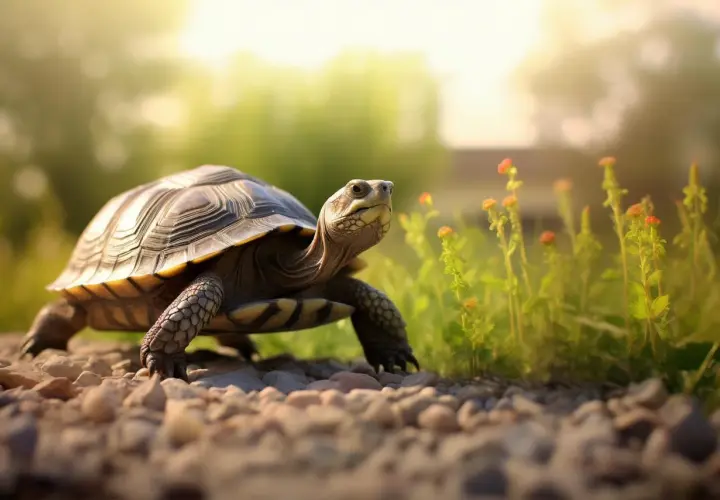 Un bébé tortue, nommé Tortillon, explore un chemin caillouteux sous un soleil doux, entouré de fleurs sauvages.