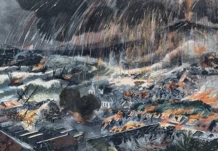 Éruption de la montagne pelée en 1902. La ville est en feu, des bateaux sombrent. Un survivant témoigne de l'horreur.