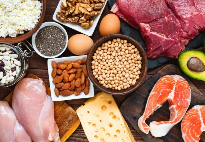 Assortiment d'aliments riches en fer : viande rouge, saumon, poulet, œufs, fromage, amandes, noix, pois chiches, haricots, graines de chia et cottage cheese.